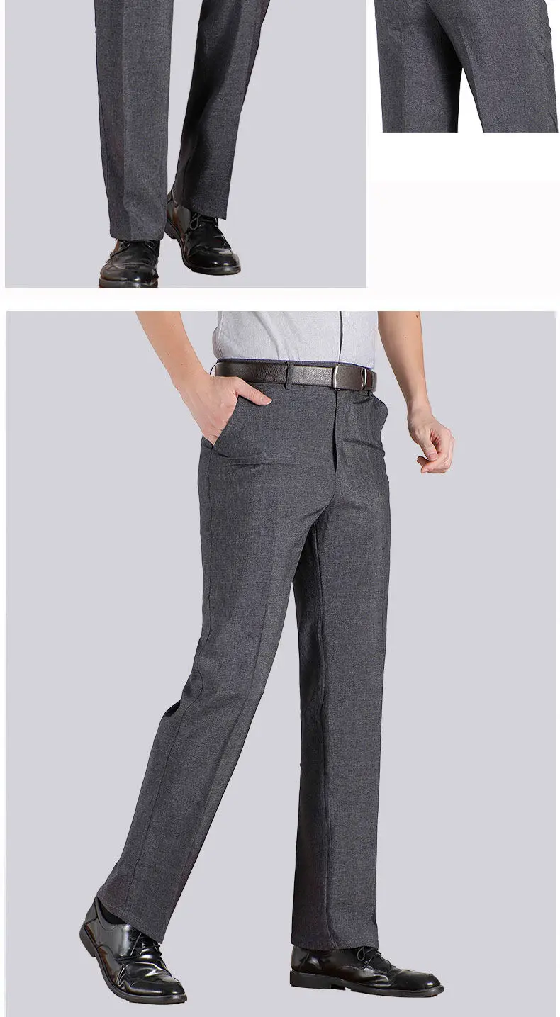Herren Business-Anzughose, Casual, Mittellange, Weiche, Gepflegte Marken-Arbeitshose, Gerade Passform, Schwarz/Grau, Große Größen 28-40 – Detail 12