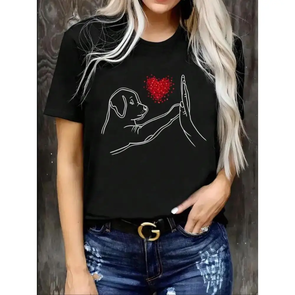 

Women's Dog and Human High Five T-shirt Heart Graphic Tee Dog Lover Gift Casual Short Sleeve Top