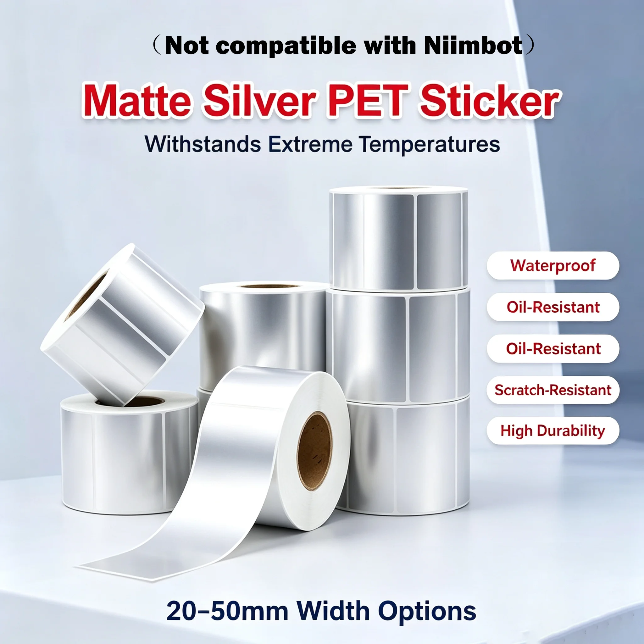 30-50mm Matte Silver Thermal Sticker Paper Roll Printable Self-adhesive Label PET Silver Transfer Barcode Tag M110