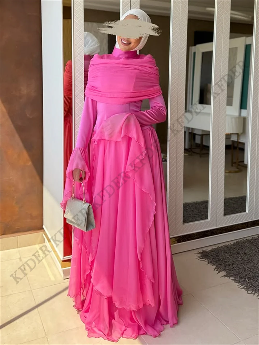 Hot Pink Chiffon A Line Evening Dresses High Neck Modest Prom Gowns Ribbons Long Sleeves Floor Length Dress Dresses Customized - view 2