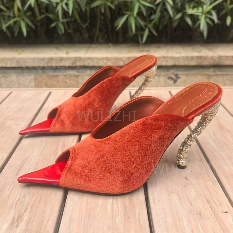 Burgundy Brown Suede Metal Stiletto Slippers Women Pointed Open Heels Black Red Stitching Sandal Gold Crystal Strange Style Shoe