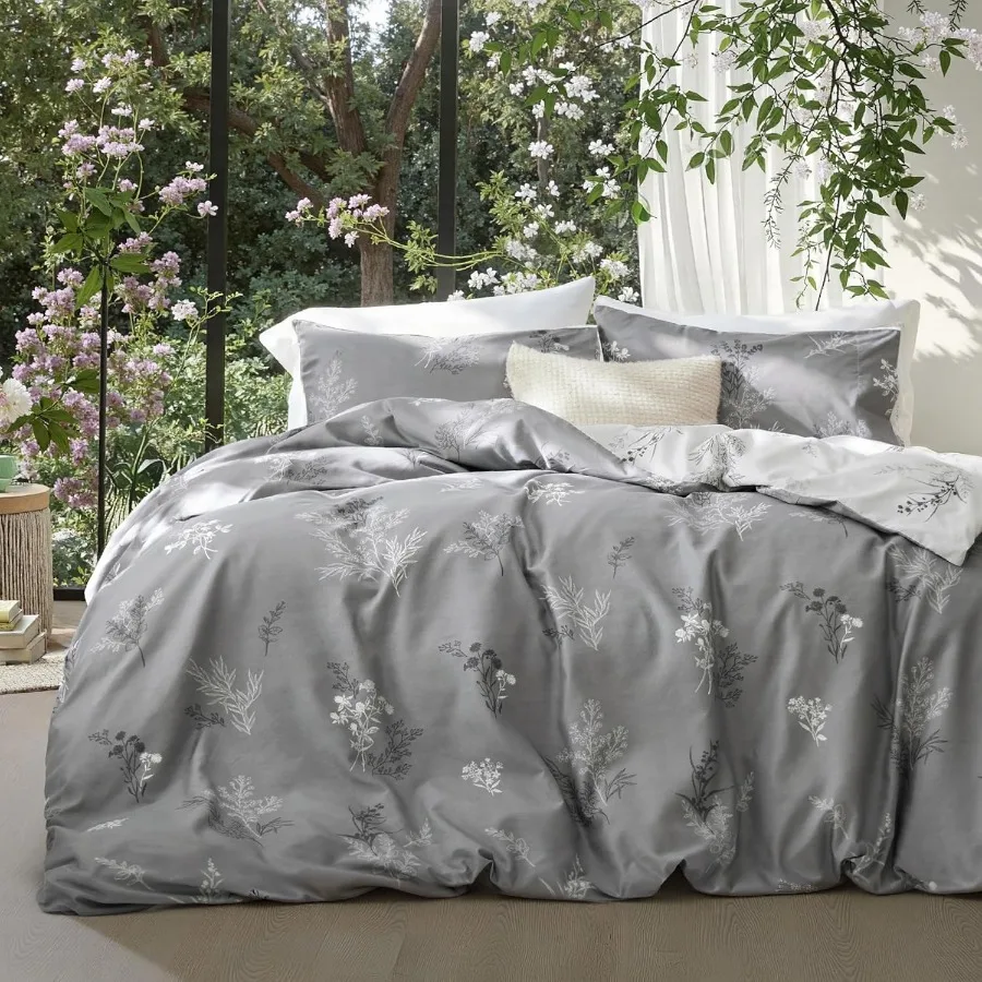 

Queen Size Reversible Floral Duvet Cover Set with Zipper Closure for Modern Bedrooms 3Piece Grey Bedding Ensemble with 8 Corner