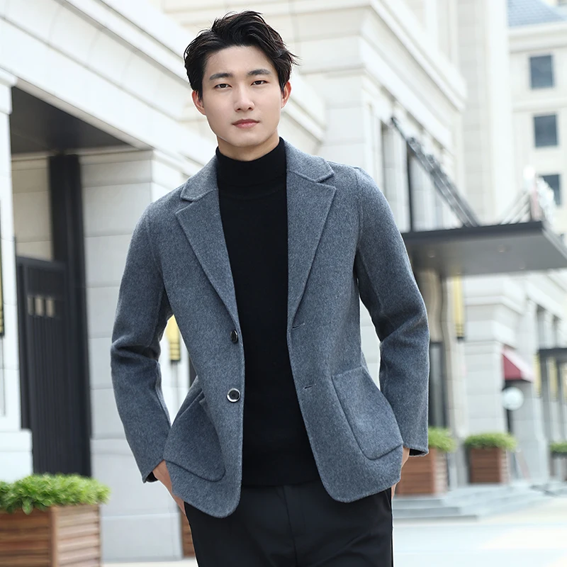 MVLYFLRT Men\'s Solid Color Tailored Collar Clothing 100% Pure Wool Handmade Short Coat, Korean Version Slim Fitting Coat Jacket