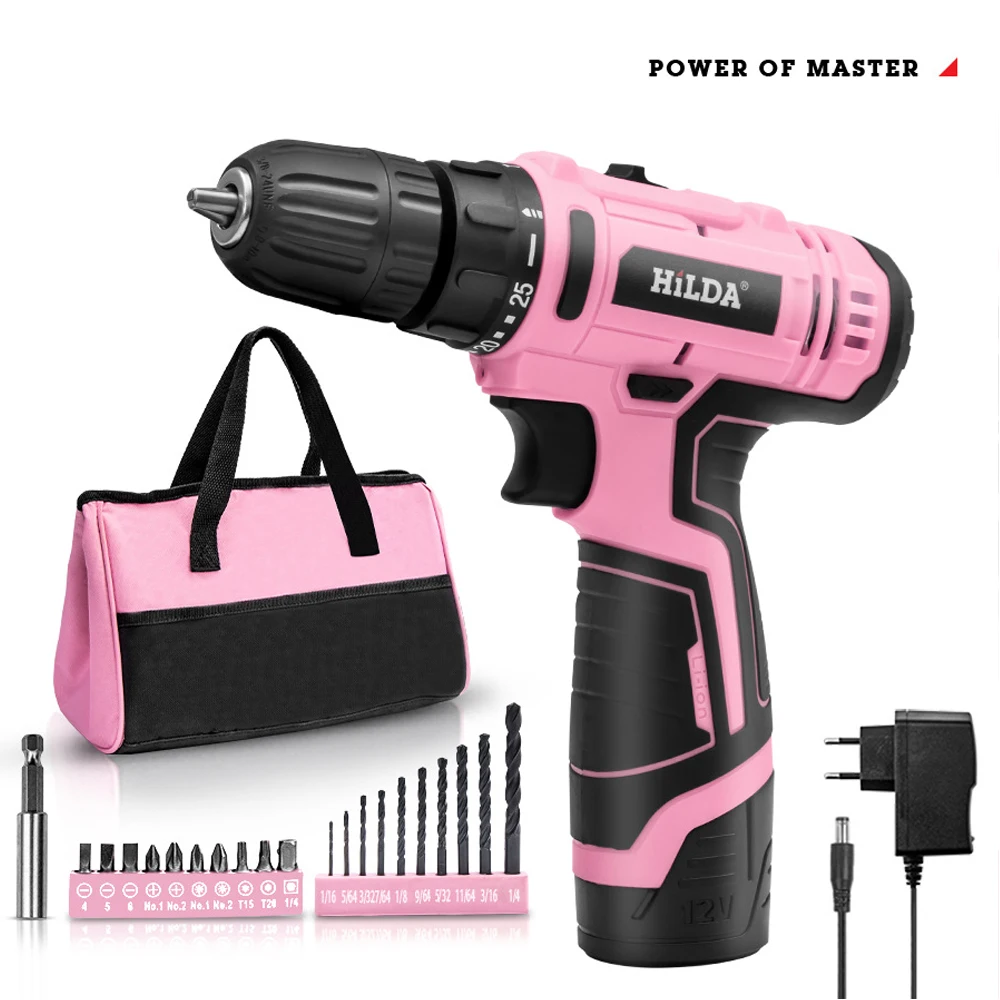 

12V Electric Screwdriver Torque Cordless Hand Drill Household Portable Mini Cordless Power Tool Lithium Ion Battery Pink Drill