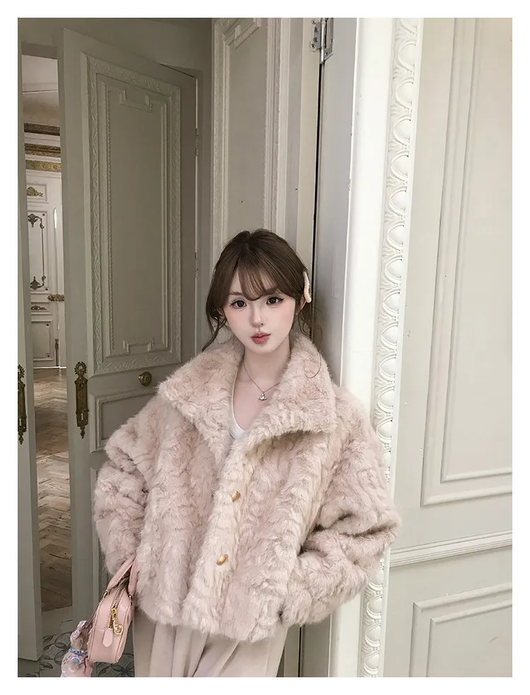 Korean Stand Collar Plush Jacket for Women Winter Thick Fluffy Cropped Faux Fur Coat Woman Loose Sweet Single Breasted Outerwear