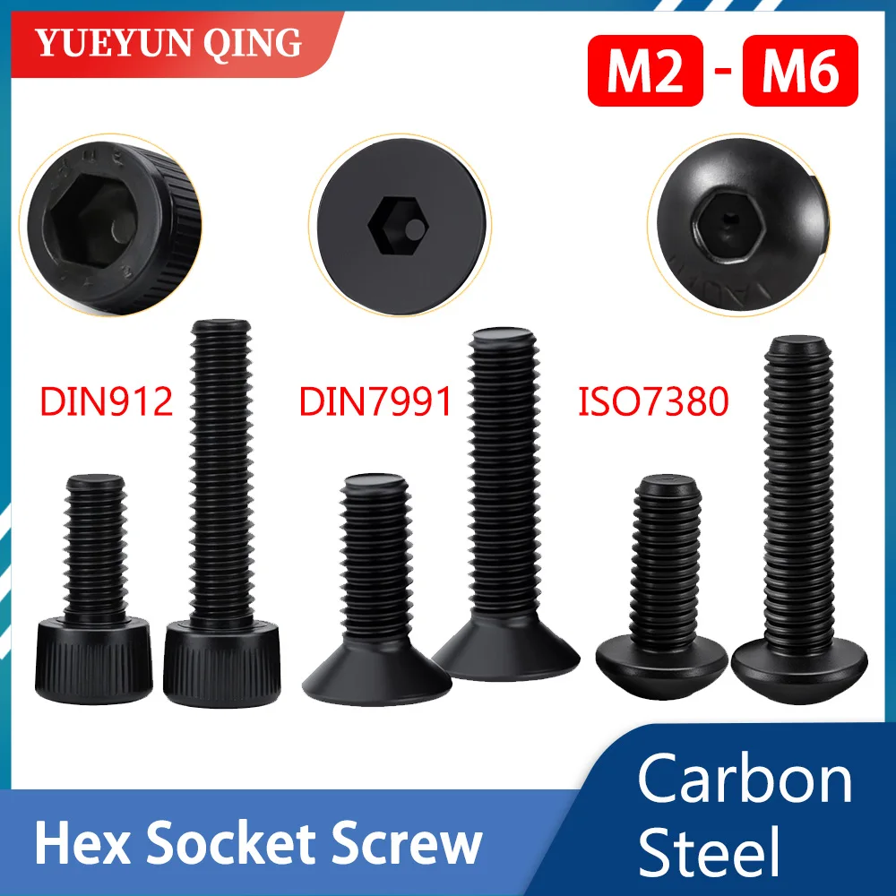 M2 M3 M4 M5 M6 Black Carbon Steel Hex Socket Screw Metric Thread Metal Machine Bolts DIN912 DIN7991 ISO380 DIY Hexagonal Screws