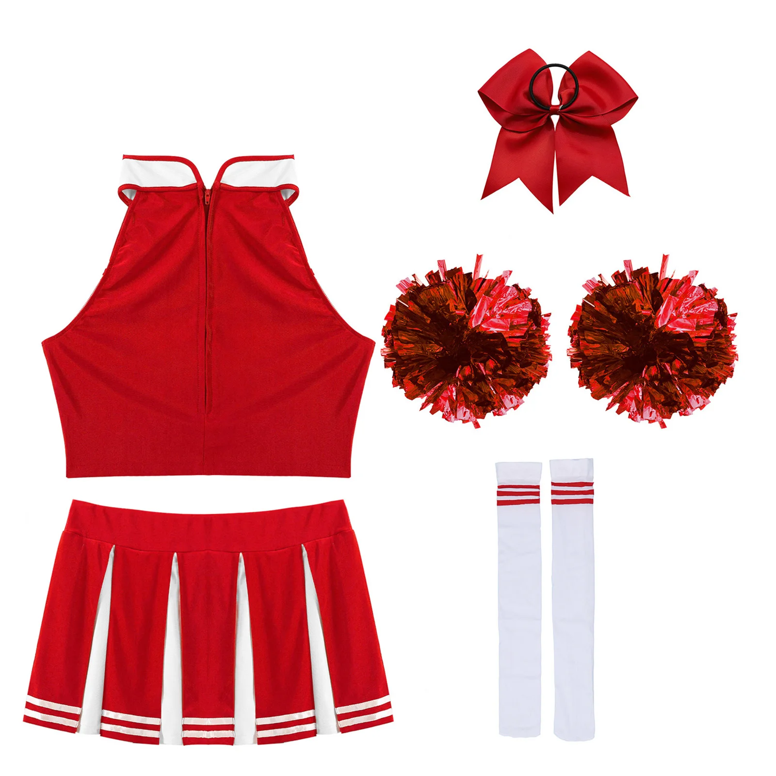 Womens Adults Cheerleading Uniform Sleeveless Crop Top Mini Pleated Skirt Striped Stockings Hair Band +2Pcs Flower Balls Outfits