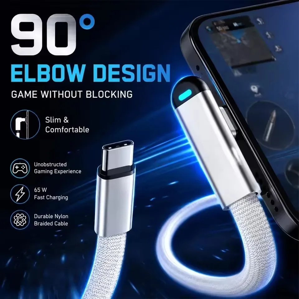 65W USB C To USB C Super Charging Braided Cable Type C Elbow PD Transfer Cord for iPhone 17 16 15 Samsung Gaming Data Cable