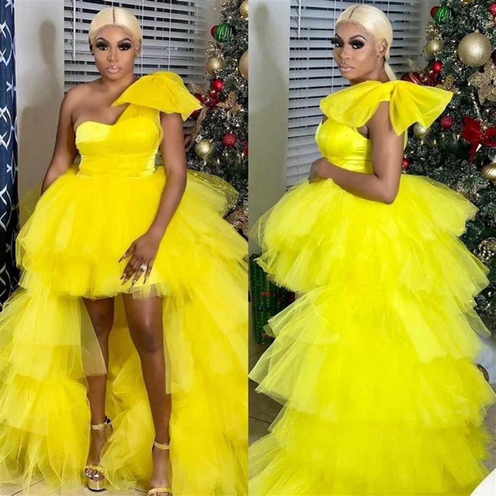 Robe de bal jaune asymétrique épaule dénudée, haut et bas, en Tulle, à plusieurs niveaux, longueur au sol, Robe de soirée formelle pour femmes, robes de séance photo