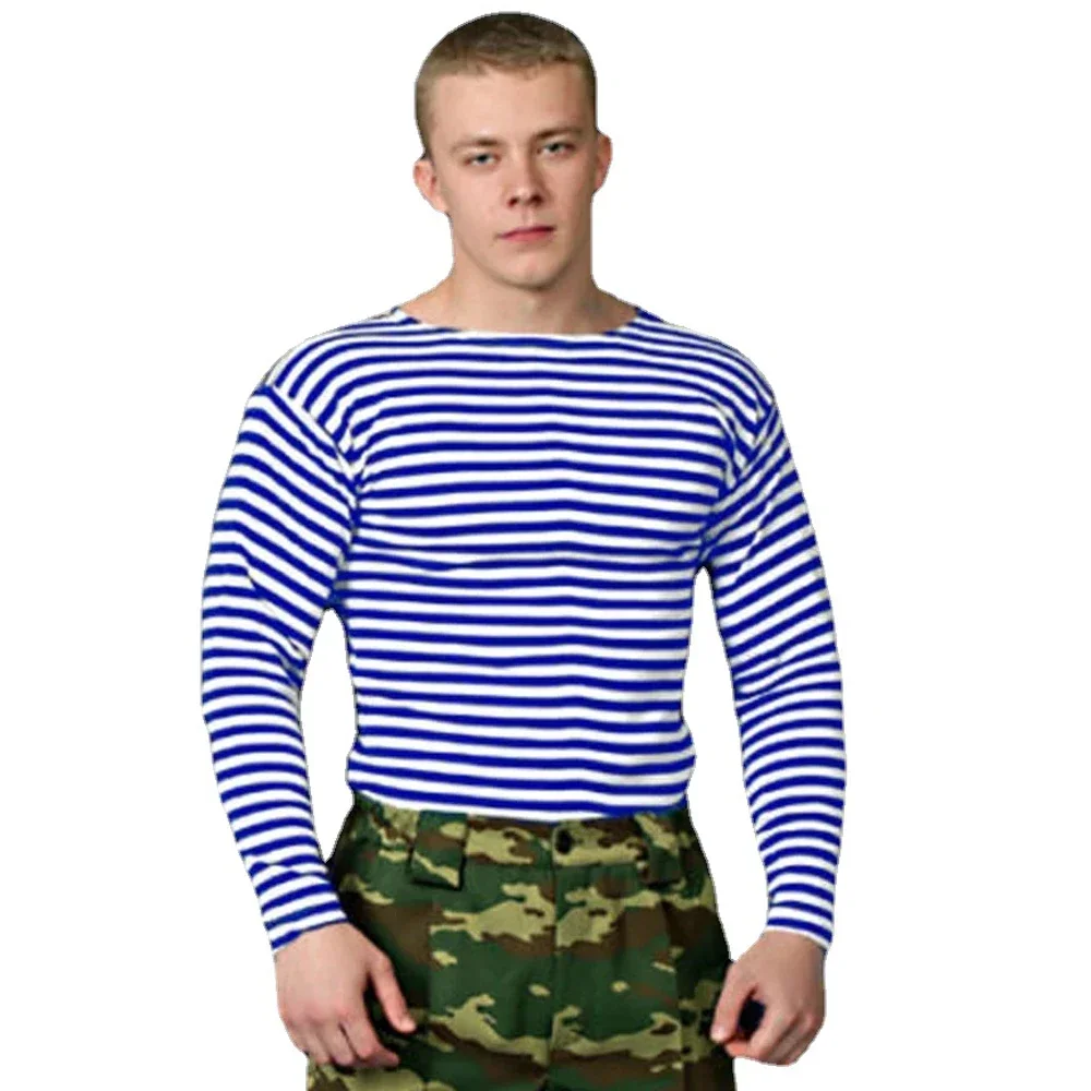 Russian Military VDV Sailor\'s Striped Shirt High Quality Cotton Blend Long Sleeve Mens Striped T-Shirt Stretch Telnyashka Tops