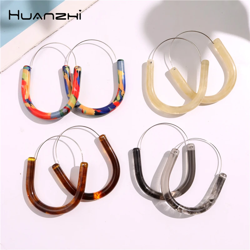 HUANZHI Vintage Resin Hoop Earring for Women Girls Personality Japanese Colorful U Shape Daily Big Jewelry 2023 New