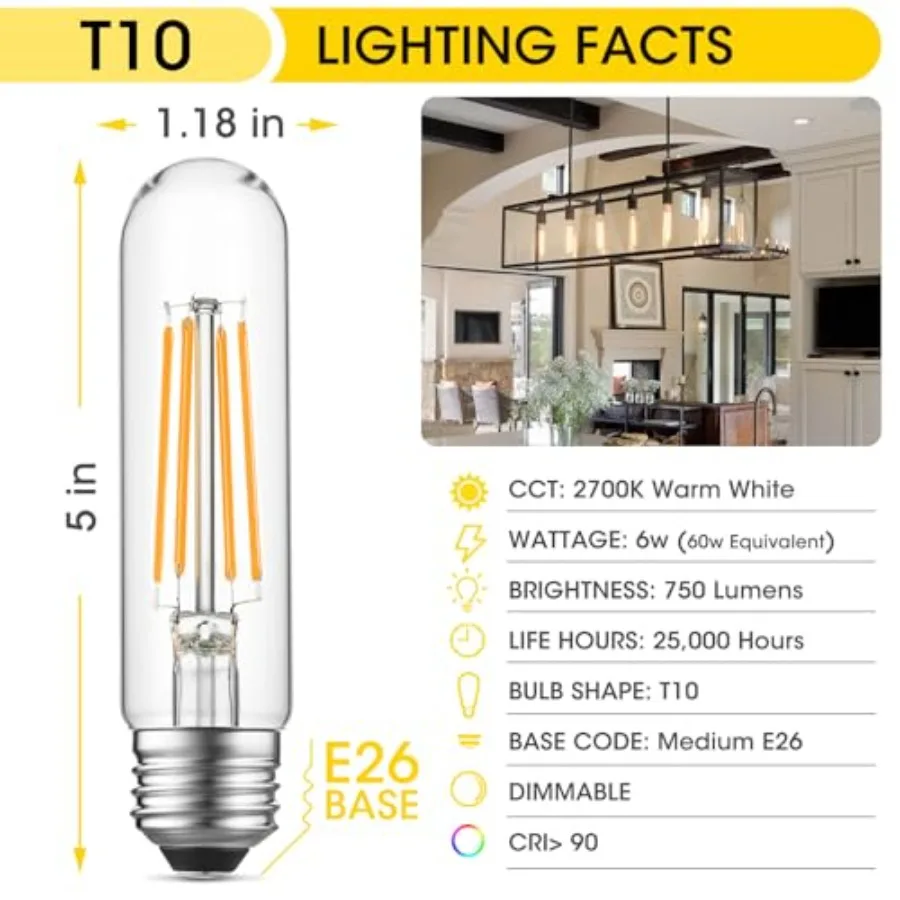 Dimmable E26 Edison Bulb, AC120V 2700K Light Bulbs, 6W Equal 60 watt 750LM Tubular T10 LED for Rustic Pendant, Chandeliers, Wal