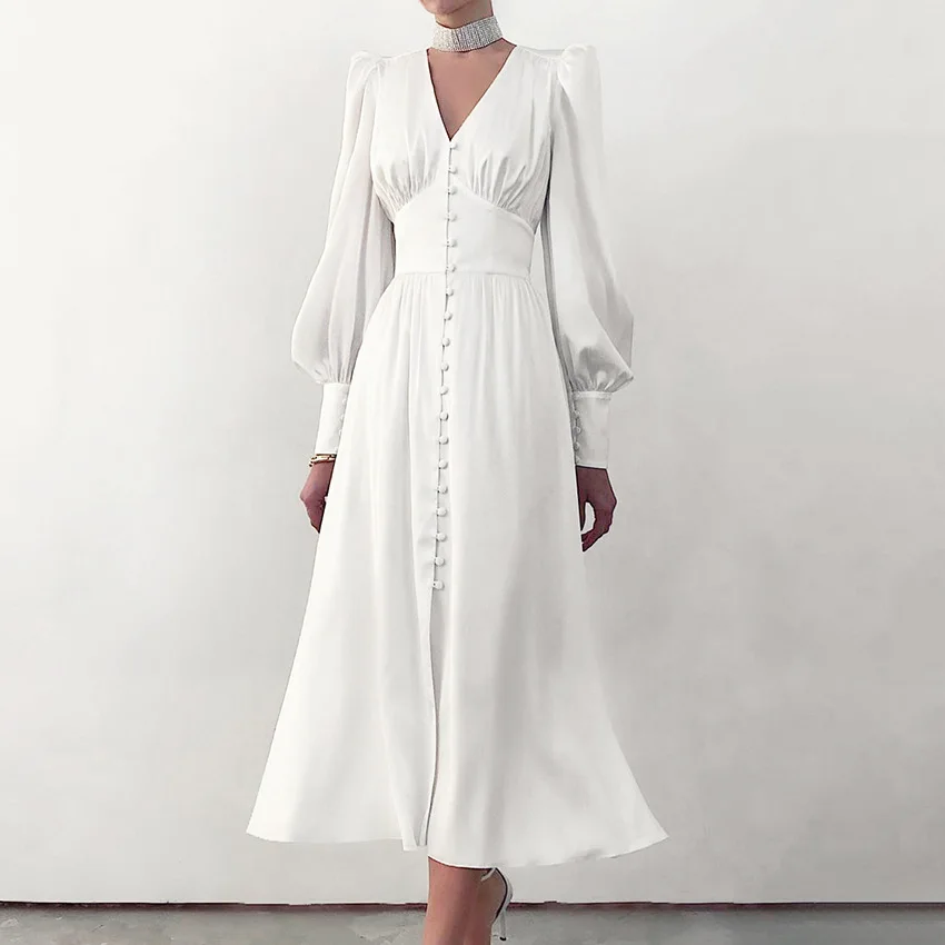 

Elegant Fashion Single Breasted Dress for Women Party Robe High Waist Satin Long Dress Sexy Lantern Sleeve Chic Midi Dresses