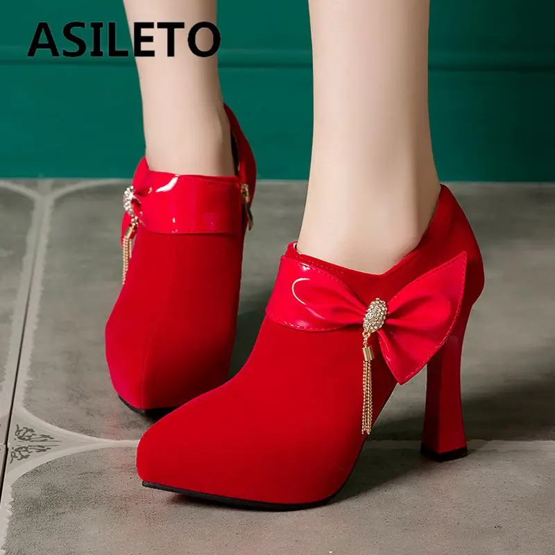 

ASILETO Sexy Women Pumps Pointed Toe High Heels 11cm Flock Suede Bowknot Metal Decoration Big Size 48 49 50 Office Lady Shoes
