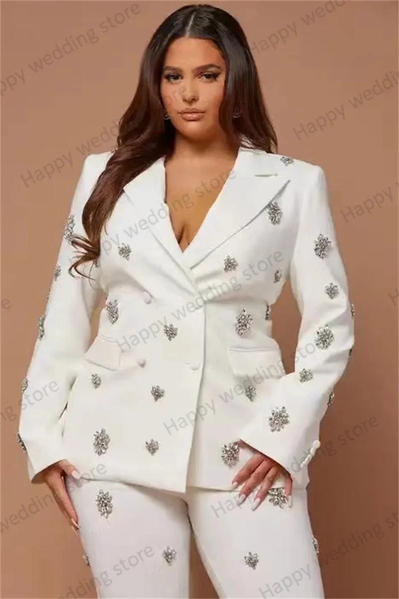 Plus Size Crystals Women Suit Set 2 pezzi Blazer + Pants White Elegant Wedding Pageant Office Lady Jacket Coat Pants personalizza