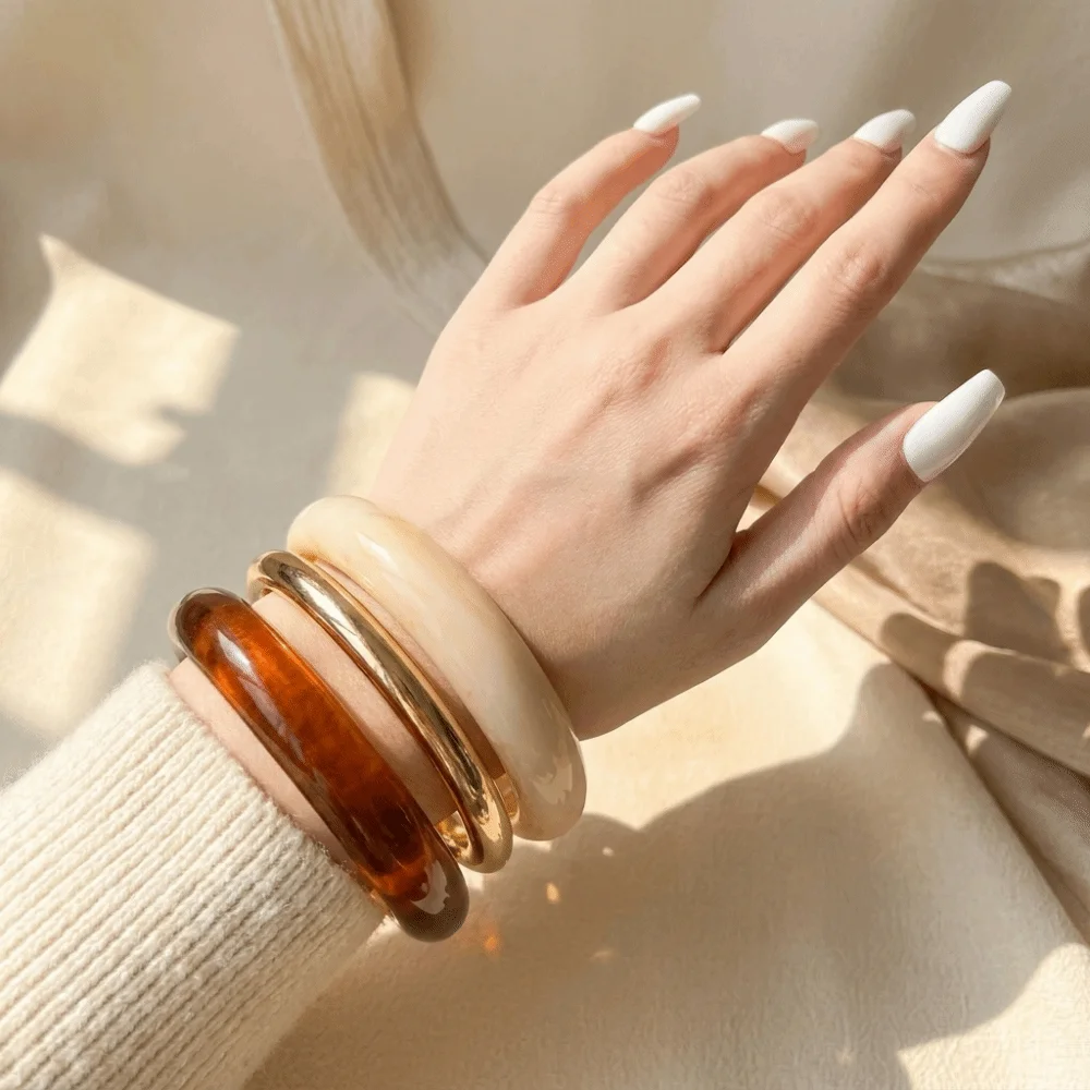 3Pcs/Set Vintage Resin Bracelet Set Geometric Round Stackable Bangle Transparent Metallic Texture Chunky Thin Bangles For Women