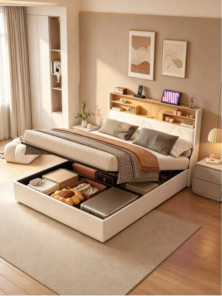 Comanlai Doppelbett 160x200 Weißes PU-Leder Polsterbett ﻿ Primärbett mit hydraulischem Aufklappmechanismus, Stauraum, Bettgestell mit Holzlattenrost und Stauraum im Kopfteil