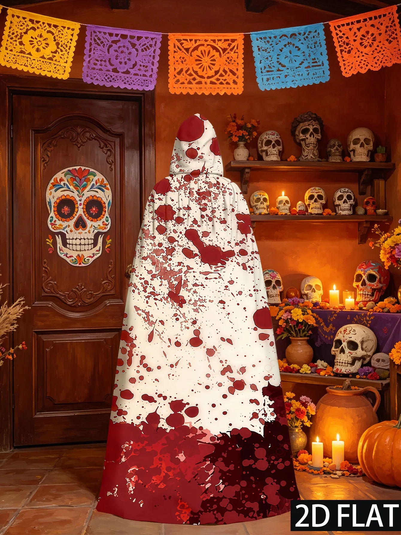 Customization 1pc, Beautiful Hooded Cloak With White Base And Mottled Blood-Red Splatter Spots, Bloodstain Texture On A Solid Co