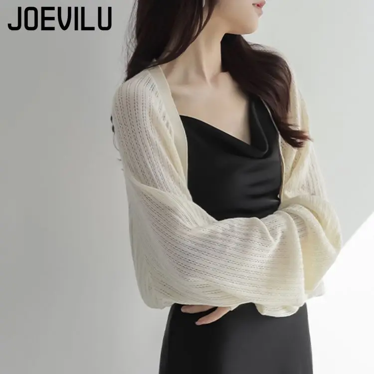 JOEVILU Women's French Ice Silk Long Sleeve Cover Up Cardigan Lightweight Casual Blouse Sun Protective Beach Knit Shawl Y2K Tops
