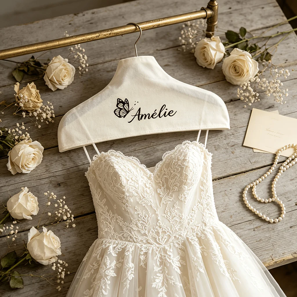 Personalized Butterfly Fabric Wedding Dress Hanger Cover, Custom Name Bridal Gown Hanger Cover, Dustproof Hanger Cover, Wedding Dress Display Hanger Cover, Bridal Keepsake Gift