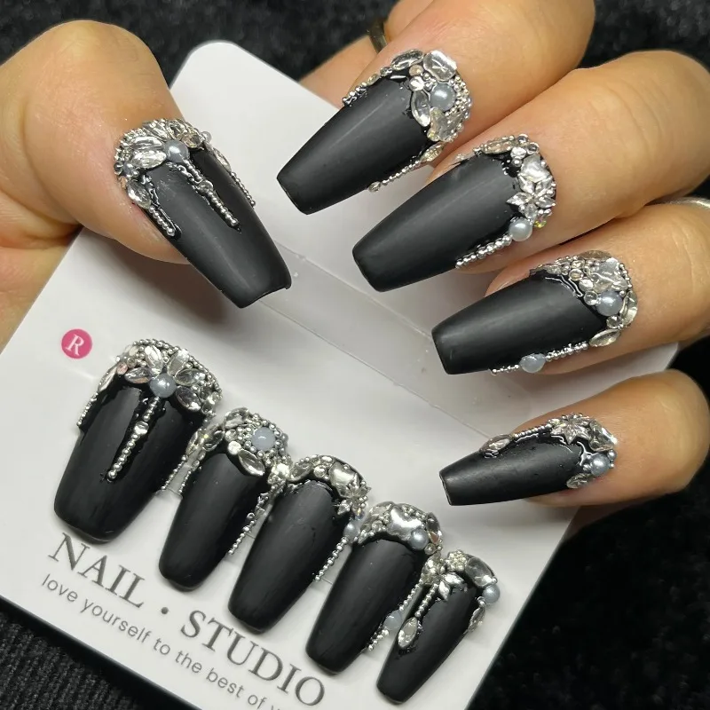 

10PCS 3D Pearl Press on Nails Long Coffin Matte Black with Silver Rhinestone Gothic Luxury False Nails Handmade Nails for Women