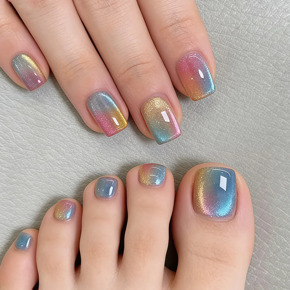 Fashion multi-color gradient cat-eye craft artificial nails in dopamine color series colored cat-eye wearing nail stickers