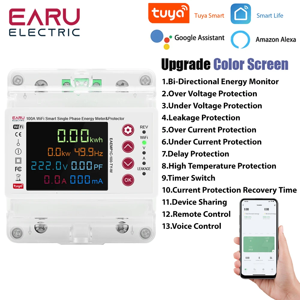 Tuya Wifi Inteligente Bidirecional Energia Kwh Medidor Vazamento sobre sob Tensão Protetor Relé Interruptor Limite de Corrente 2p 100a