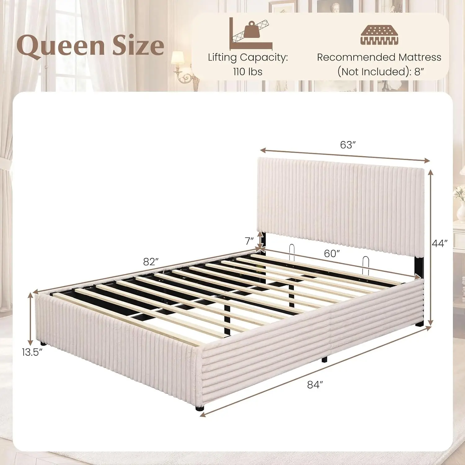 Queen Upholstered Platform Bed with Lift Up Storage, Hydraulic Support & Wingback Headboard, No Box Spring Needed, Customized