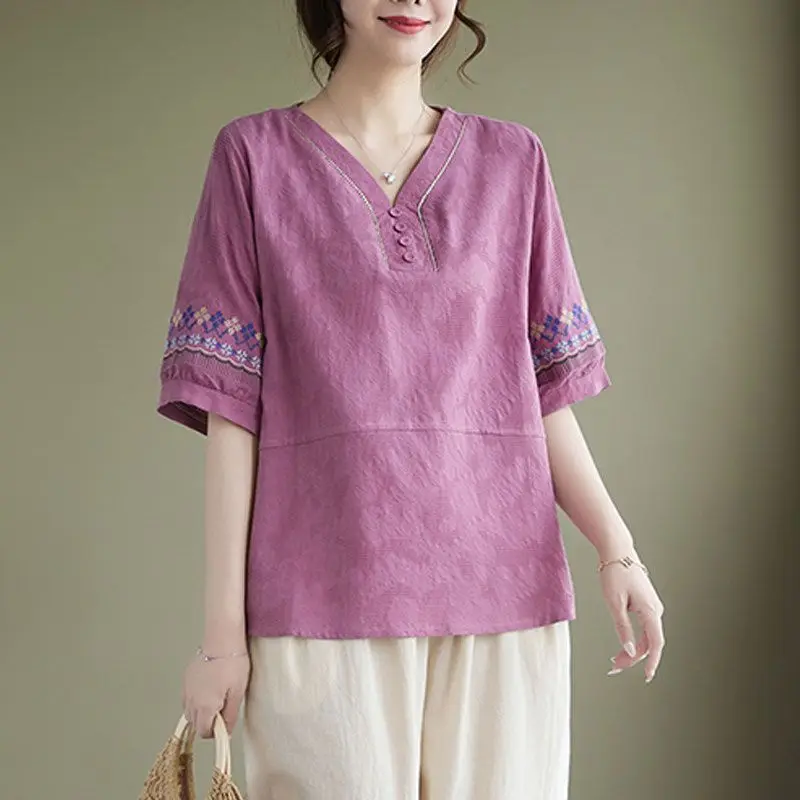 New Women Vintage Embroidery Ethnic Style Blouses Elegant V Neck Short Sleeve Shirts Casual Loose Cotton Linen Tops Summer Blusa