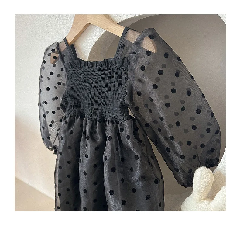 2023 New Korean Style  Lace Sleeve  Spring Baby Dress Dot Pure Color Gauze Kids Dresses for Girl Children Princess Party Dress