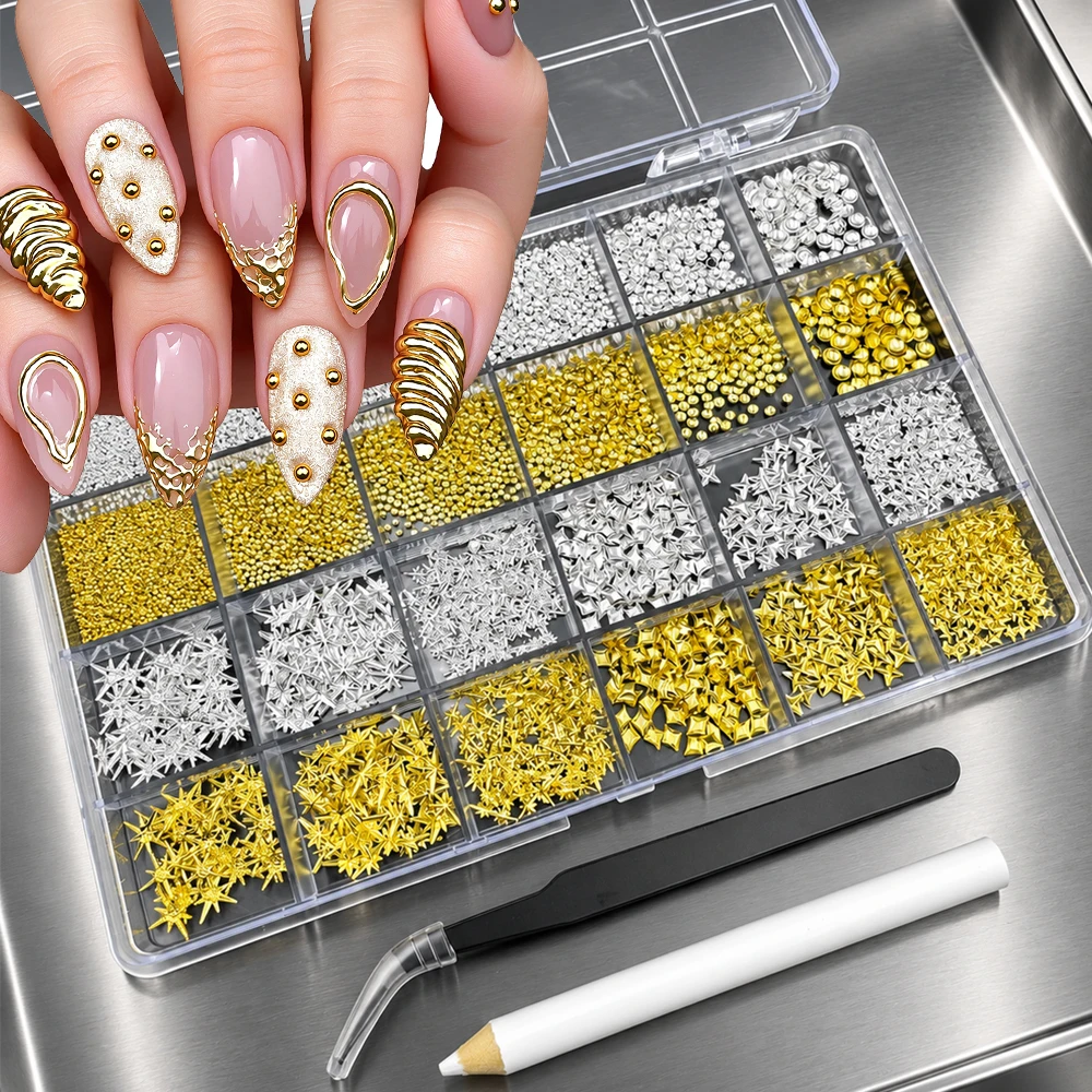 24 Grids Gold Silver Nail Art Charms Kit Metal Rivets Studs Stars Beans DIY Manicure Decoration With Tweezers Picker Pen