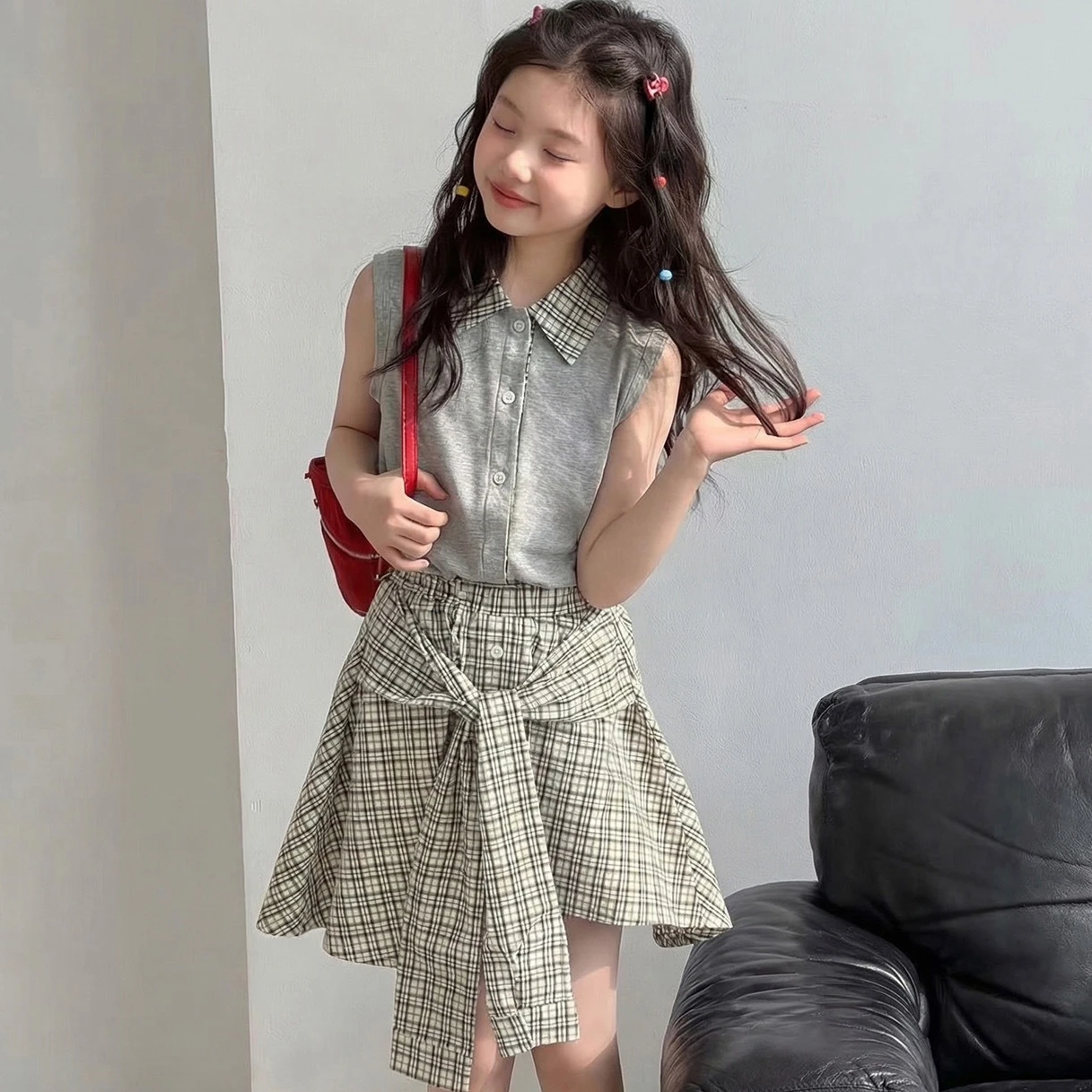 2026 New Trendy Child's  Outfit Irregular Retro Plaid Half Skirt Set with Top for Summer