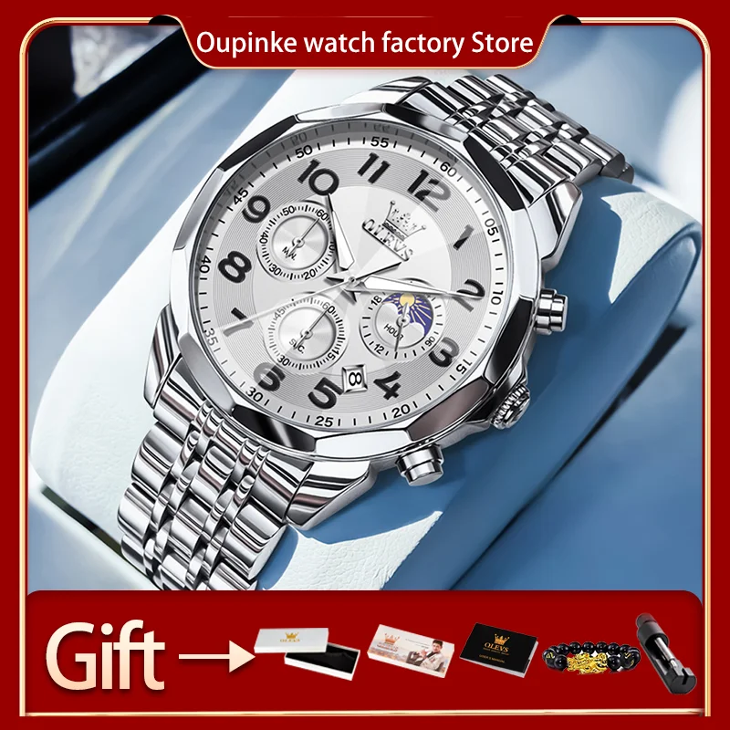 OLEVS Moon Phase Men's Watches Chronograph Original 30m Waterproof Luminous Quartz Watch Prism Mirror Arabic Numeral Scale Watch