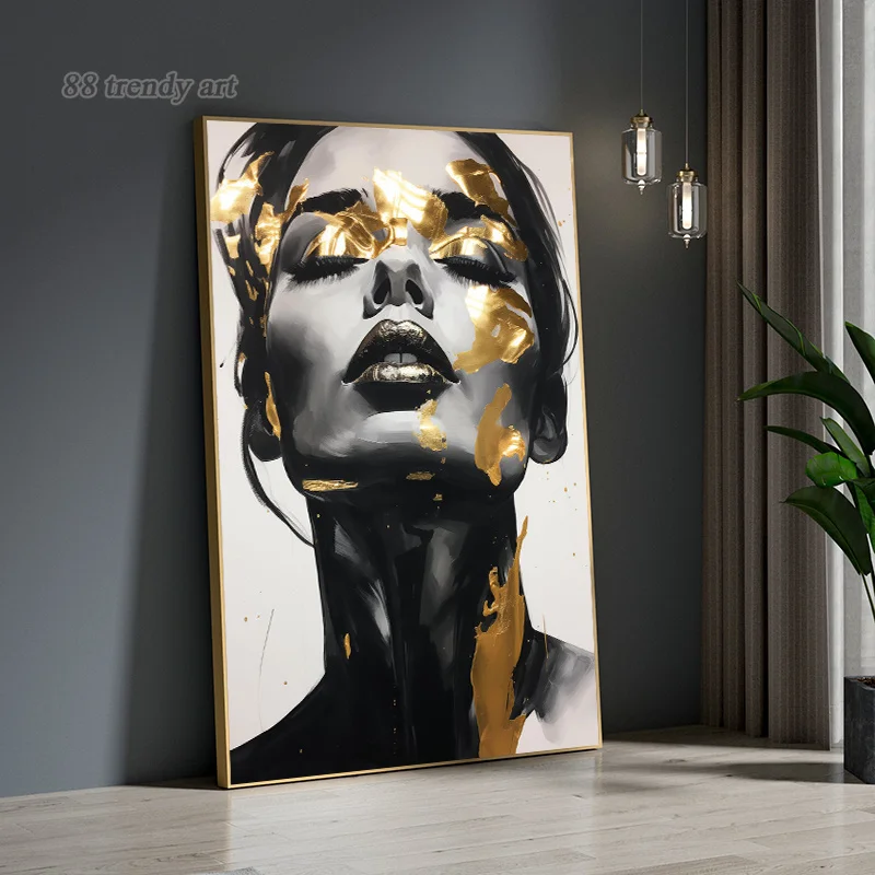 Abstract Golden Black Woman Portrait Posters and Prints Canvas Painting Figure Wall Art Picture for Living Room Home Decor Mural