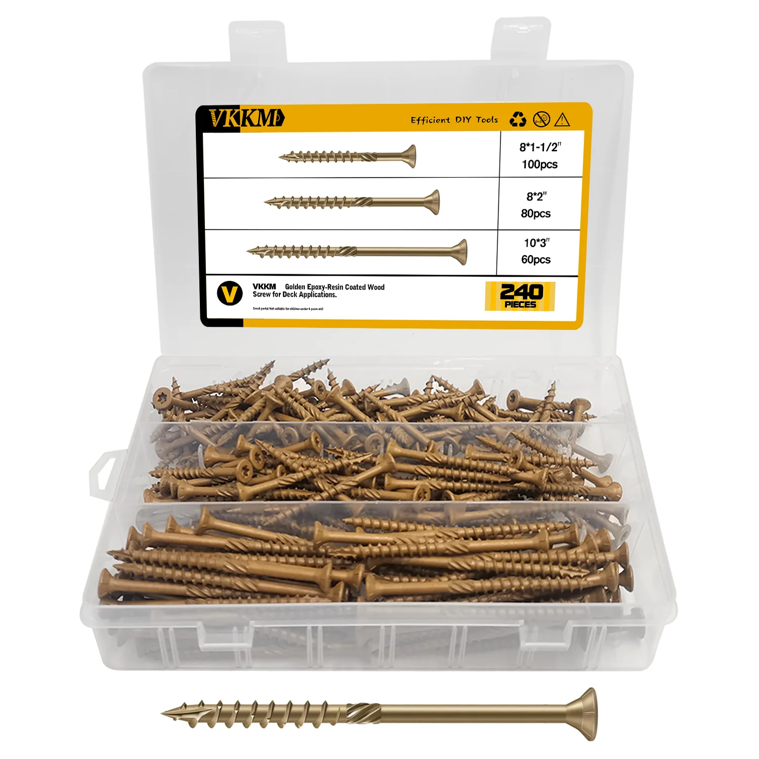 

VKKM #8#10 240Pcs Yellow Kbbed Deck Screw Set, Epoxy-coated, with Star Drill Bits, Suitable for Deck and Outdoor Projects.