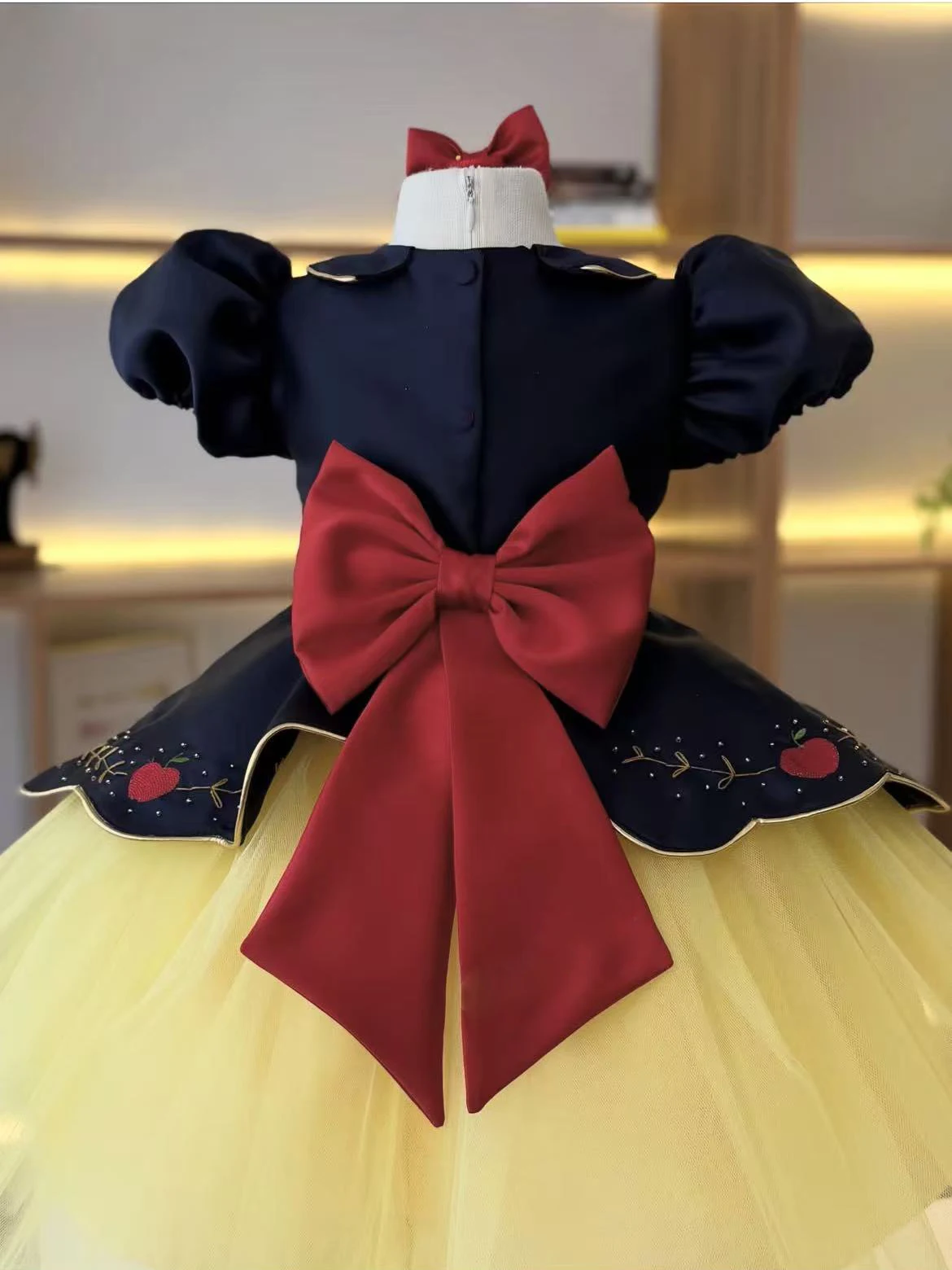Summer Baby Girl Crown Apple Embroidery Bow Deep Blue Yellow Mesh Fluffy Dress For Casual Party Birthday Wedding Photograph B720 - view 3