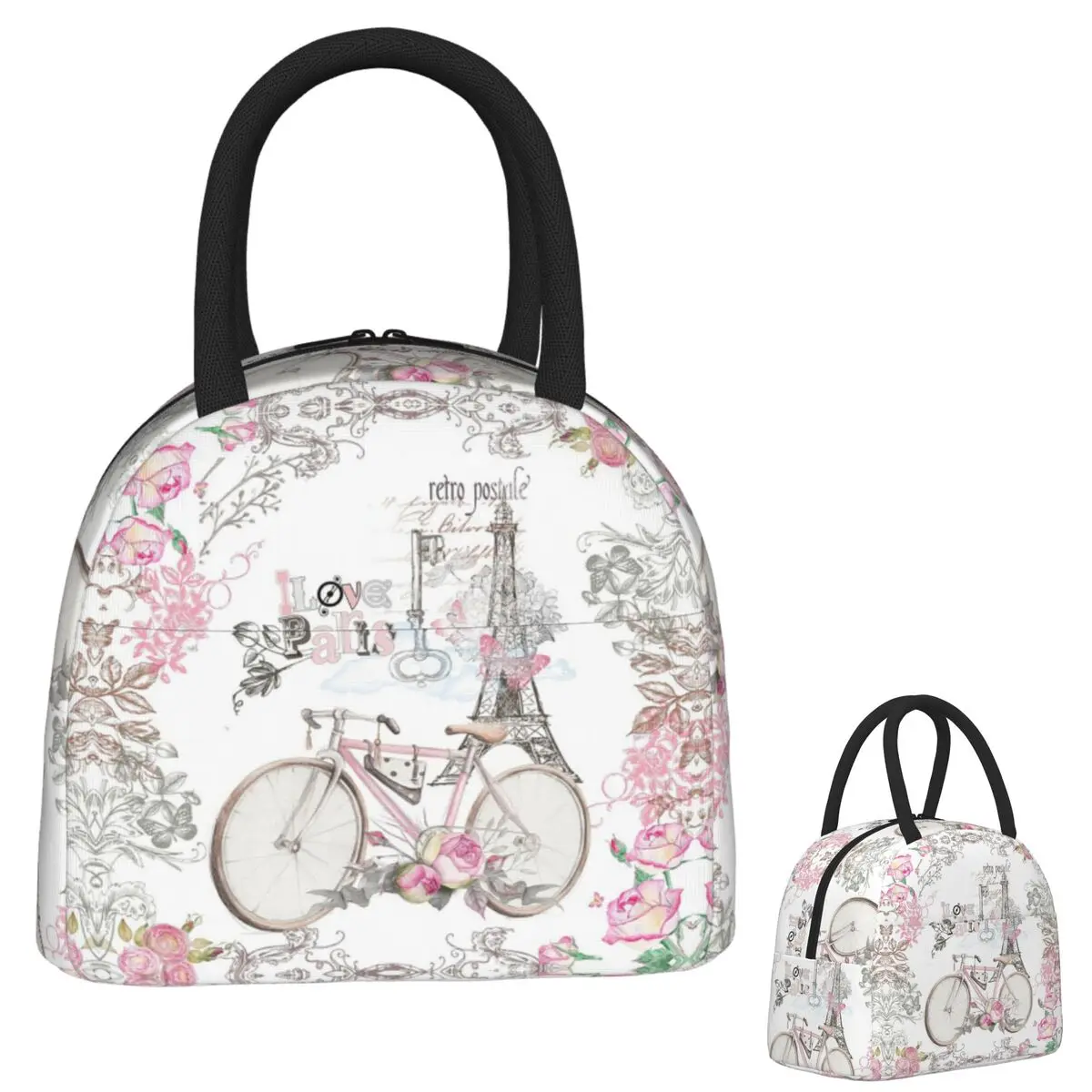 

Vintage Paris Floral Bike Eiffel Tower French Design Insulated Lunch Bag for Women Portable Food Boxes Thermal Lunch Box Tote
