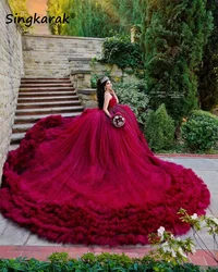 Luxury Burgundy Princess Quinceanera Dress Straps Beads Crystals Tiered Ruffles Sequins Ball Gown Vestidos De 15 Años Customized