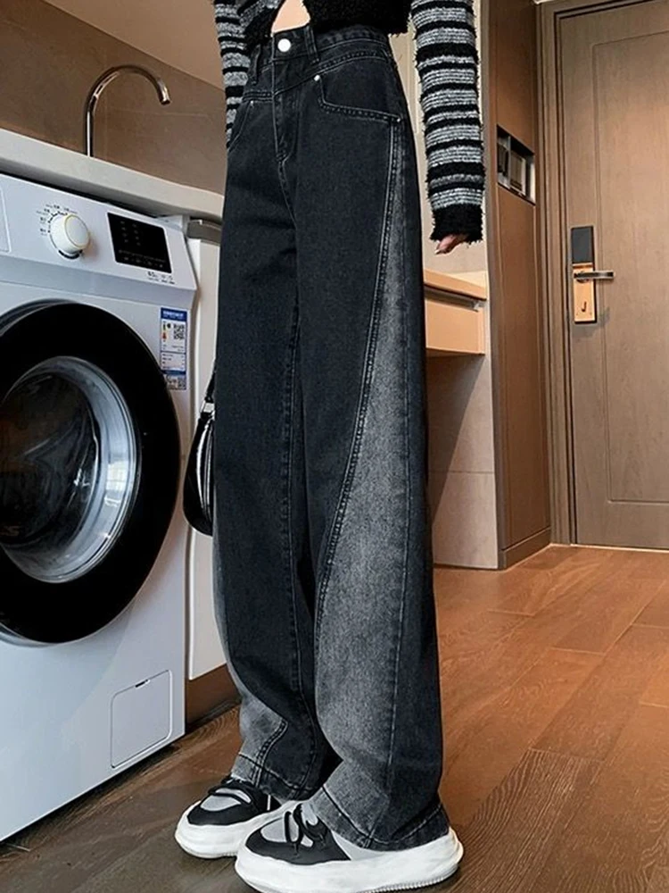 

Женские джинсы с высокой талией, женские брюки в американском стиле High Street в стиле пэчворк, прямые брюки для девочек, черные, серые, контрастные, широкие брюки