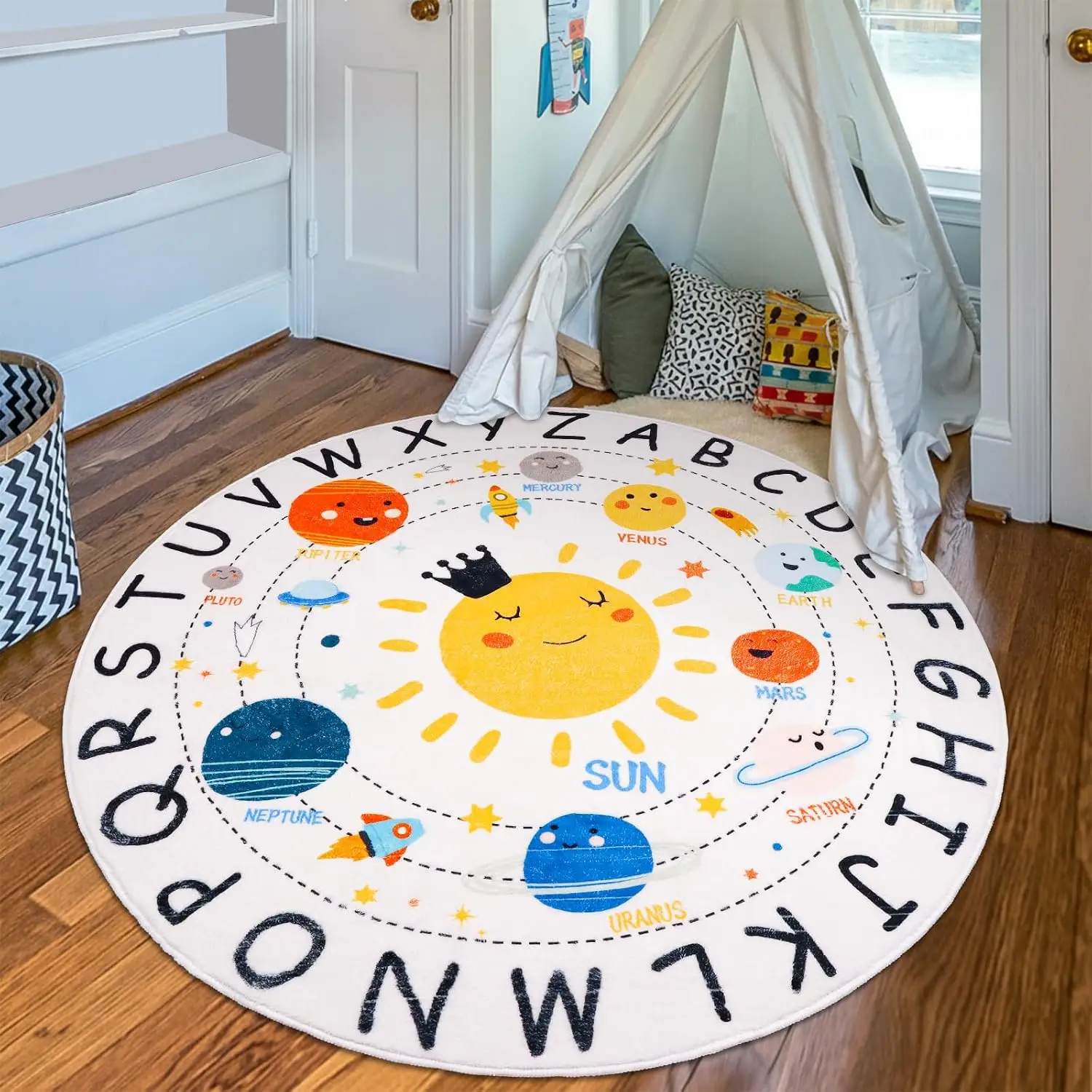 Cute Kids Educational Planet Rug Play Mat Nursery Decor Solar System Learning Carpet for Toddlers Girls Boys Alphabet Floor Puzz