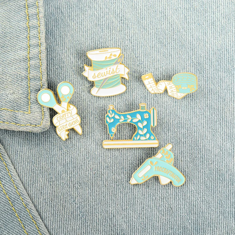 Sewing machine tape measure scissors Enamel Brooch Shape Lapel Pin Metal Badge Pins Accessories Women Men Button Pins Prop