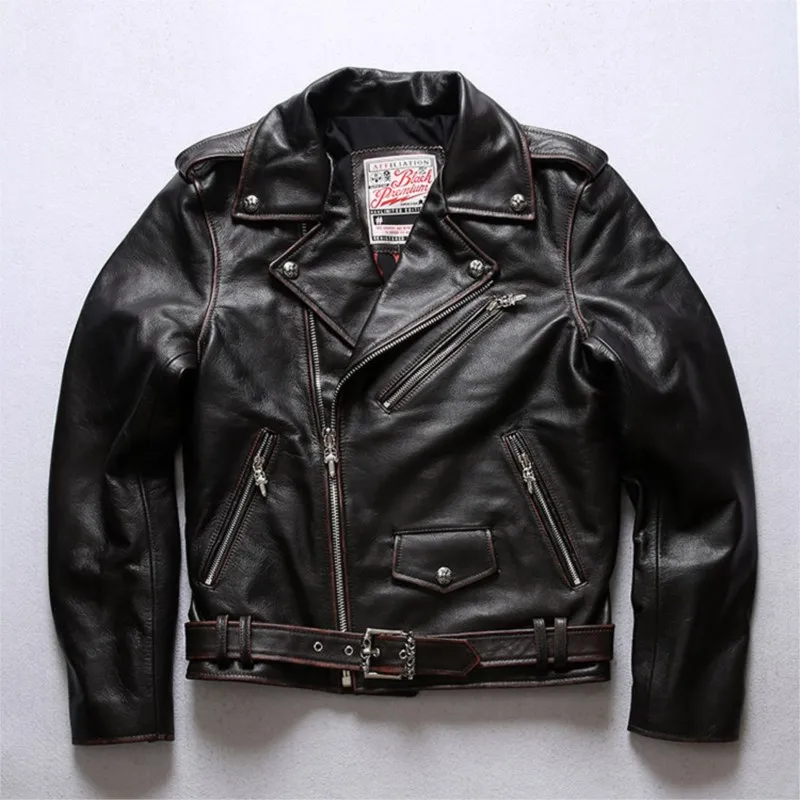 A black-brown stone mill belt leather men's lapel locomotive layer cowhide