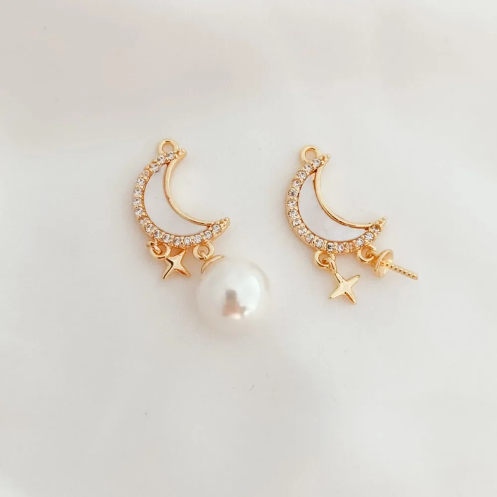 

14K Gold-plated, Zircon Inlaid with Shells Small Moon Stars with Empty Brackets Sheep Eye Nails Pendant DIY Handmade Accessory