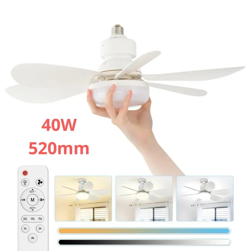 

Ceiling Fan Light Screw in Small Ceiling Fan with Remote 3 Wind Speed Dimmable LED 3000-6500K 6 White Blades 20.5 Inch
