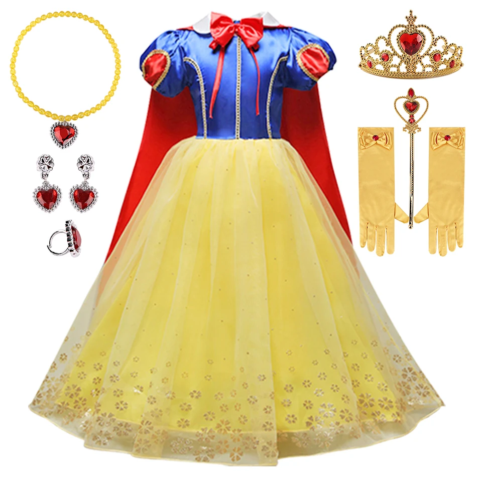 Children Snow White Long Cloak Ball Gown Little Girls Princess Metallic Sequin Pattern Layered Cosplay Dress Up with Accessories