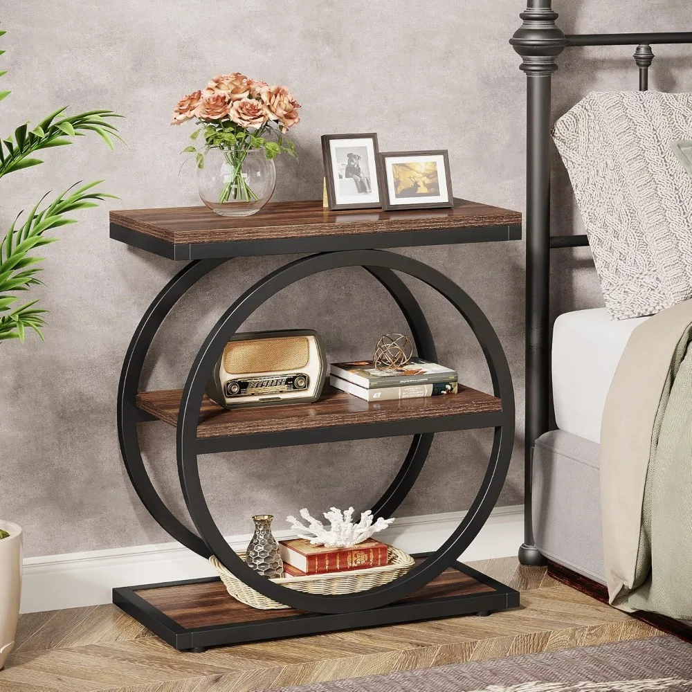 زوج من الطاولات النحيفة مع أرفف تخزين من 3 طبقات، وطاولات خشبية مميزة، وطاولات جانبية مدمجة على الطراز الصناعي لغرف المعيشة