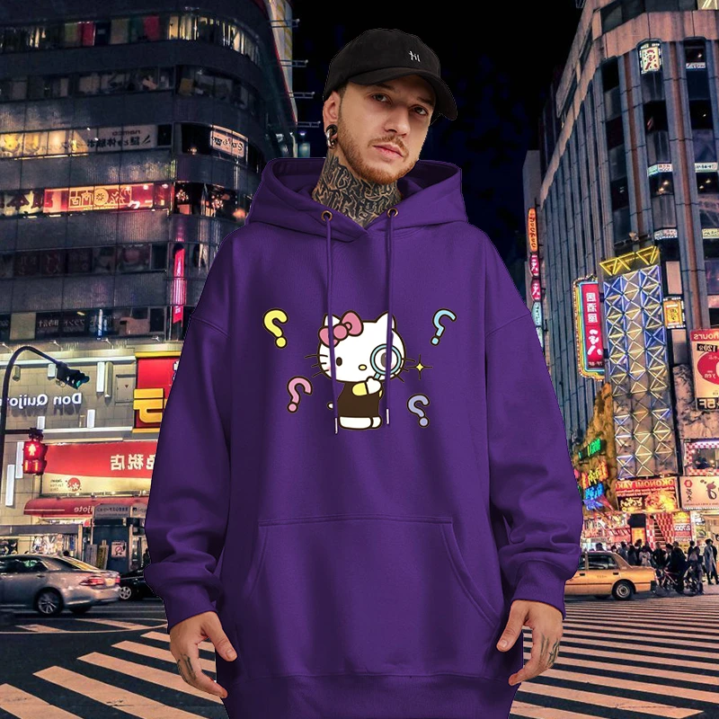 Graphic Cartoon Printed Male Sweatshirts Kawaii Hello Kitty Classic Pattern Anime Long Sleeve Men Hoodies Autumn Winter Tops