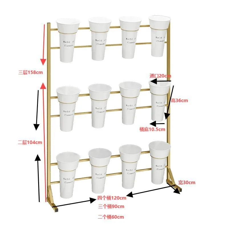 Flower Display Stand with 12 Buckets, 3 Layers flower cart, Gold Flower Bar Stand with Wheels, Moving Florist Bouquet Shelf