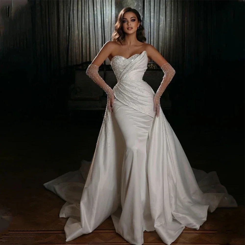 

Customized SparklingSimple Off Shoulder Lace Mermaid Sleeveless Wedding Dresses Luxury Sexy Sweetheart Floor Length Bridal Gown