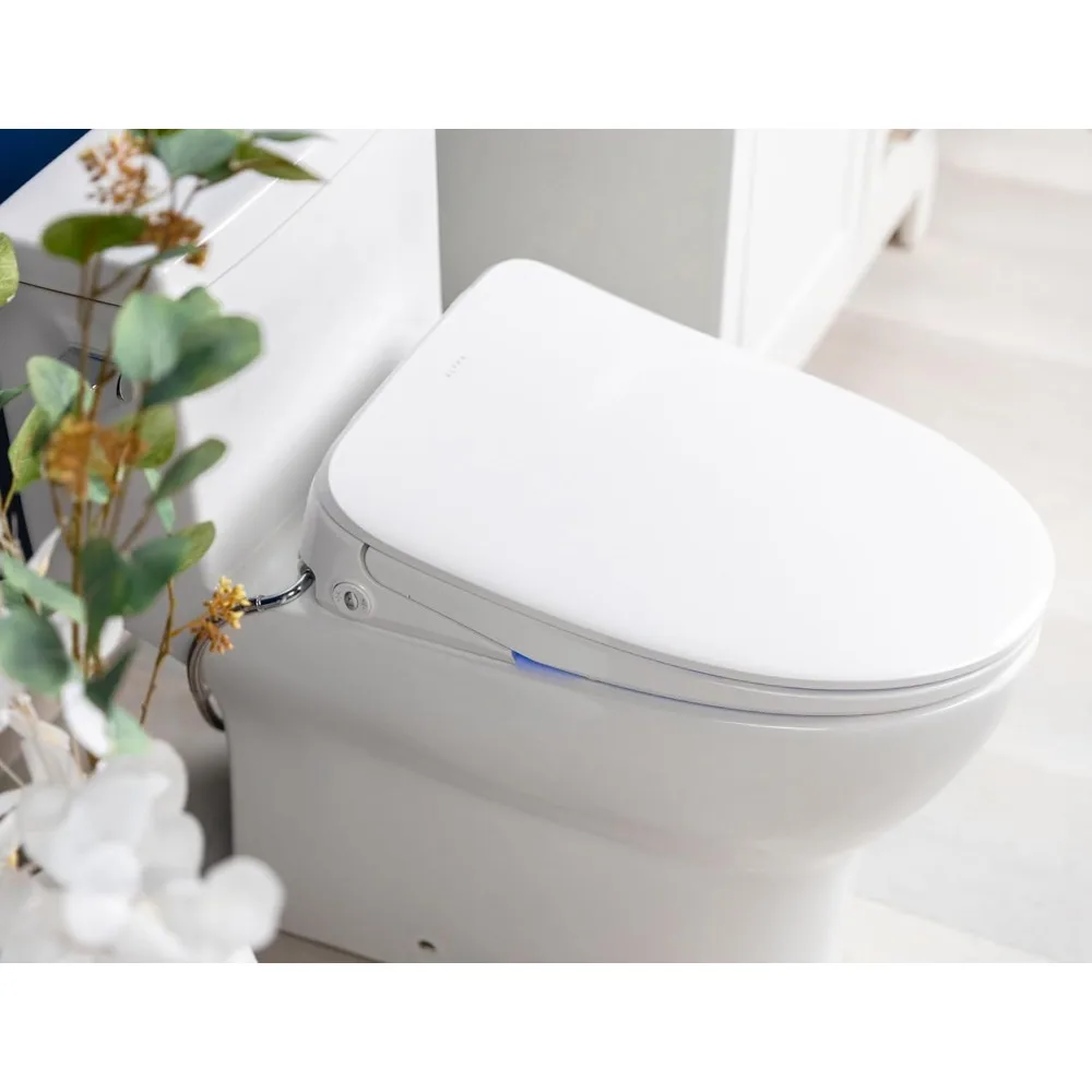 Bidet Toilet Seat in Elongated White | Ultra Low Profile | Endless Warm Water | Arced Stainless Steel Nozzle  toilet cover